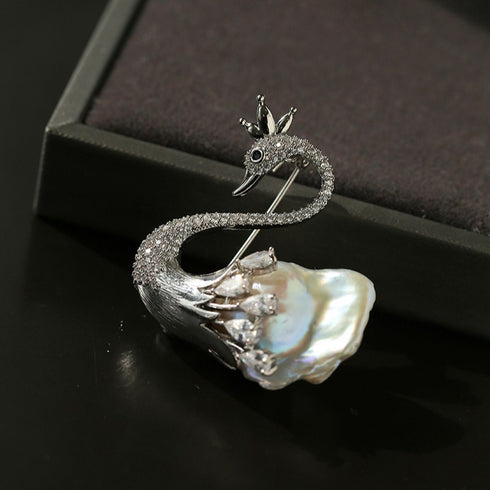 Baroque Pearl and Zirconia Swan Brooch - House Of Pearls